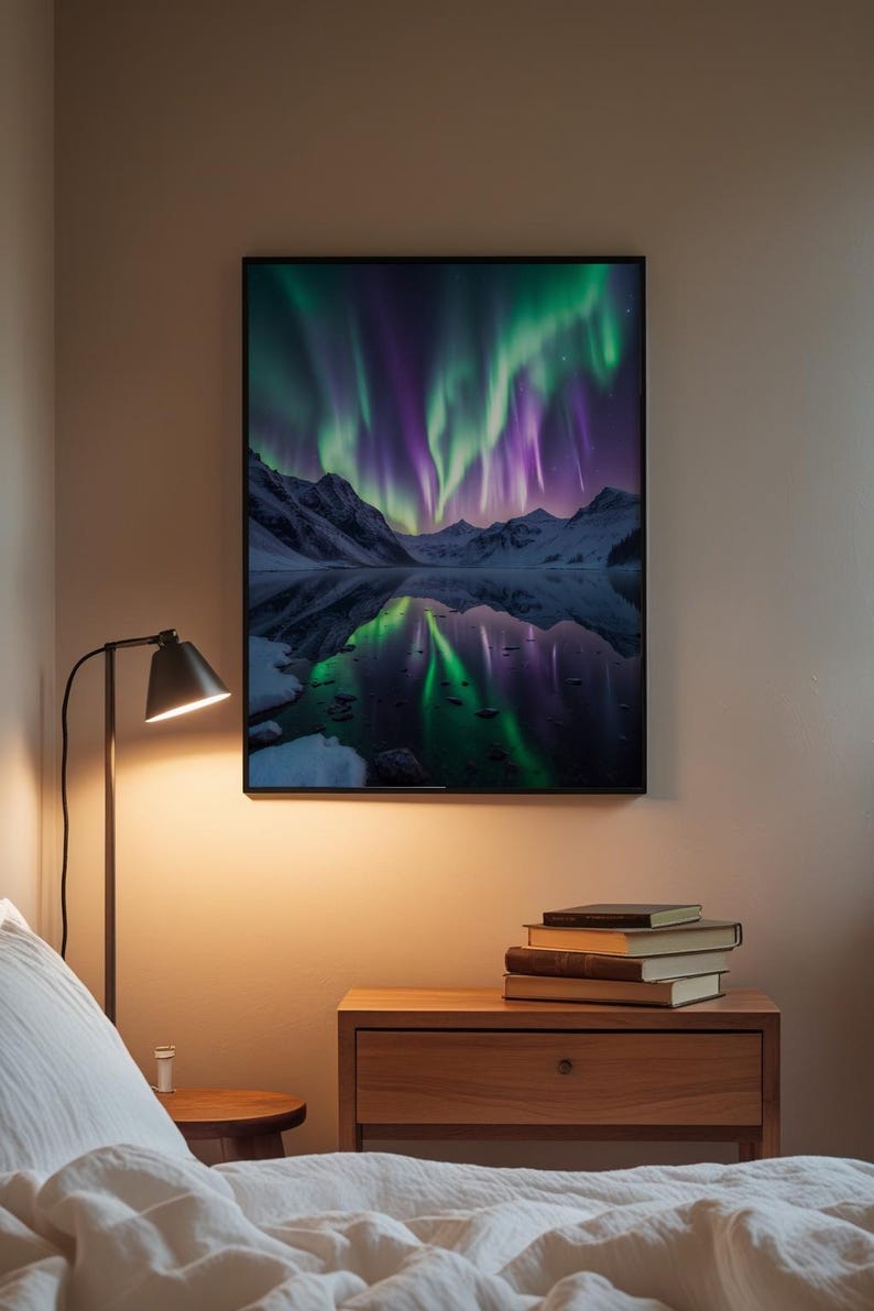 Aurora Lake Reflection | Northern Lights Mountain Landscape | Magical Night Bild 3