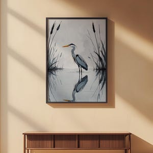 Minimalist Heron | Reflected Water Bird | Zen Nature Art Bild 2