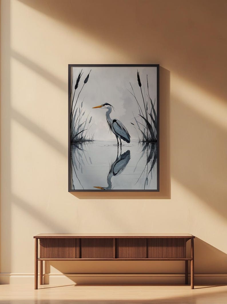 Minimalist Heron | Reflected Water Bird | Zen Nature Art Bild 2