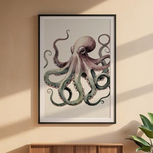 Póster de pulpo en acuarela, arte marino suave y criatura marina caprichosa imagen 6