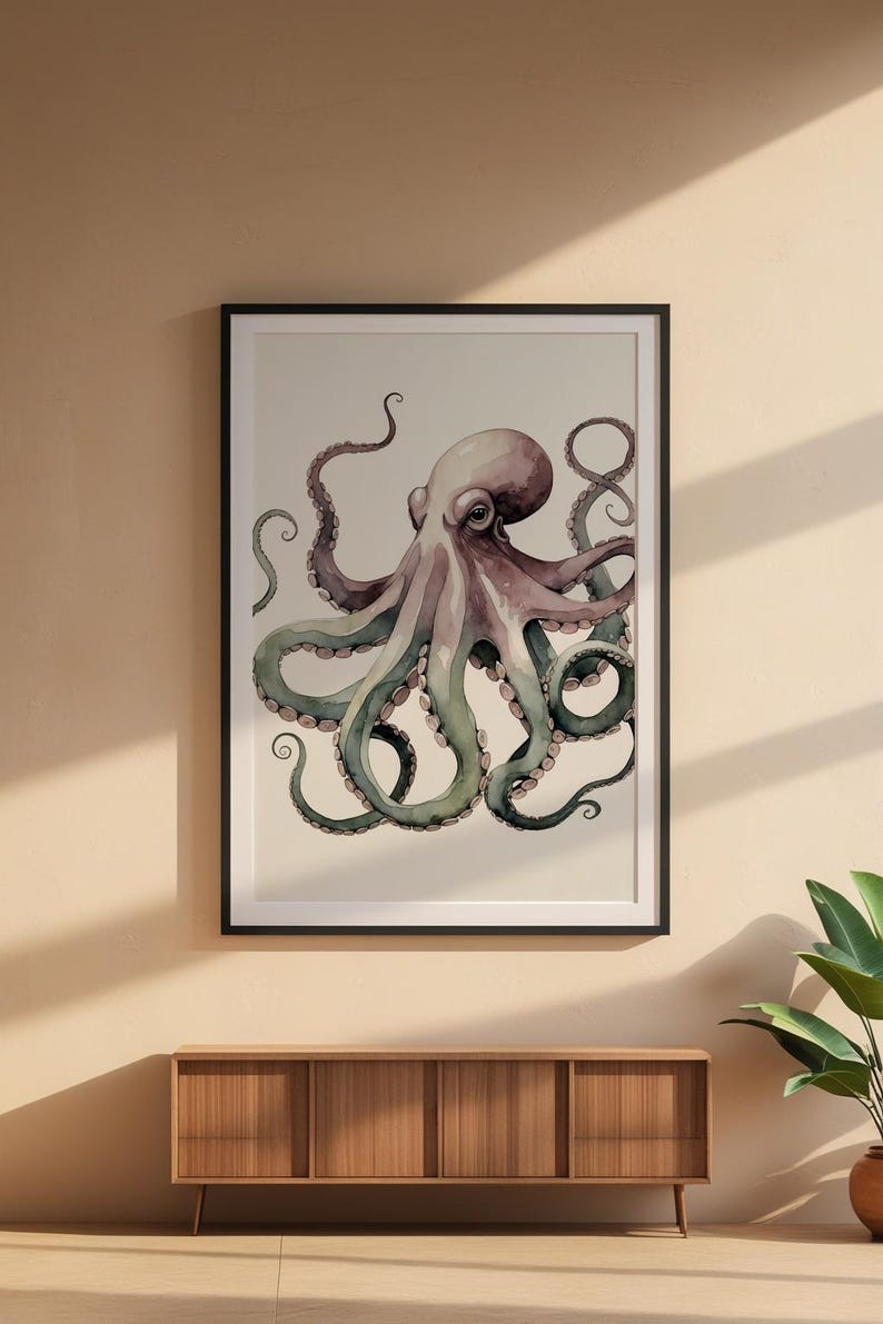 Póster de pulpo en acuarela, arte marino suave y criatura marina caprichosa imagen 6