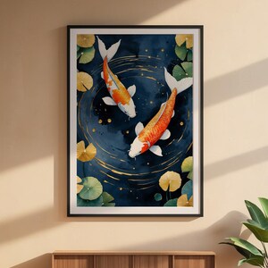 Koi Fish Zen Art | Japanese Garden Poster | Indigo Gold Wall Decor image 6