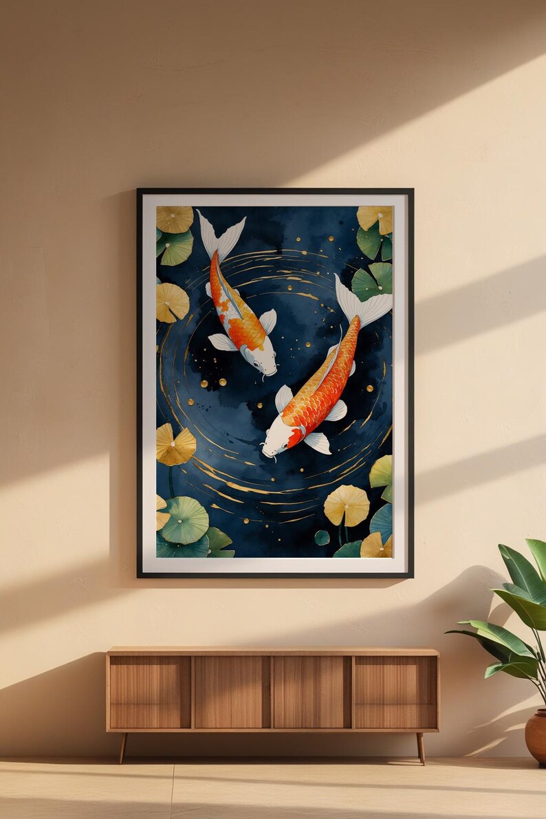 Koi Fish Zen Art | Japanese Garden Poster | Indigo Gold Wall Decor image 6