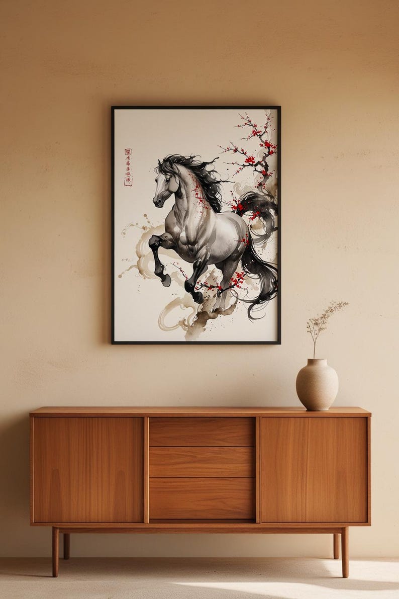 Horse Cherry Blossom | Asian Ink Art Print | Japanese Watercolor Poster 画像 5
