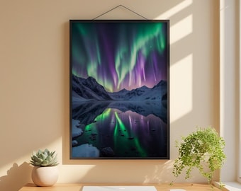 Reflejo del lago Aurora / Paisaje montañoso de la aurora boreal / Noche mágica