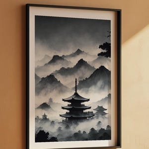 Misty Pagoda Temple | Japanese Ink Landscape | Zen Meditation Art image 7