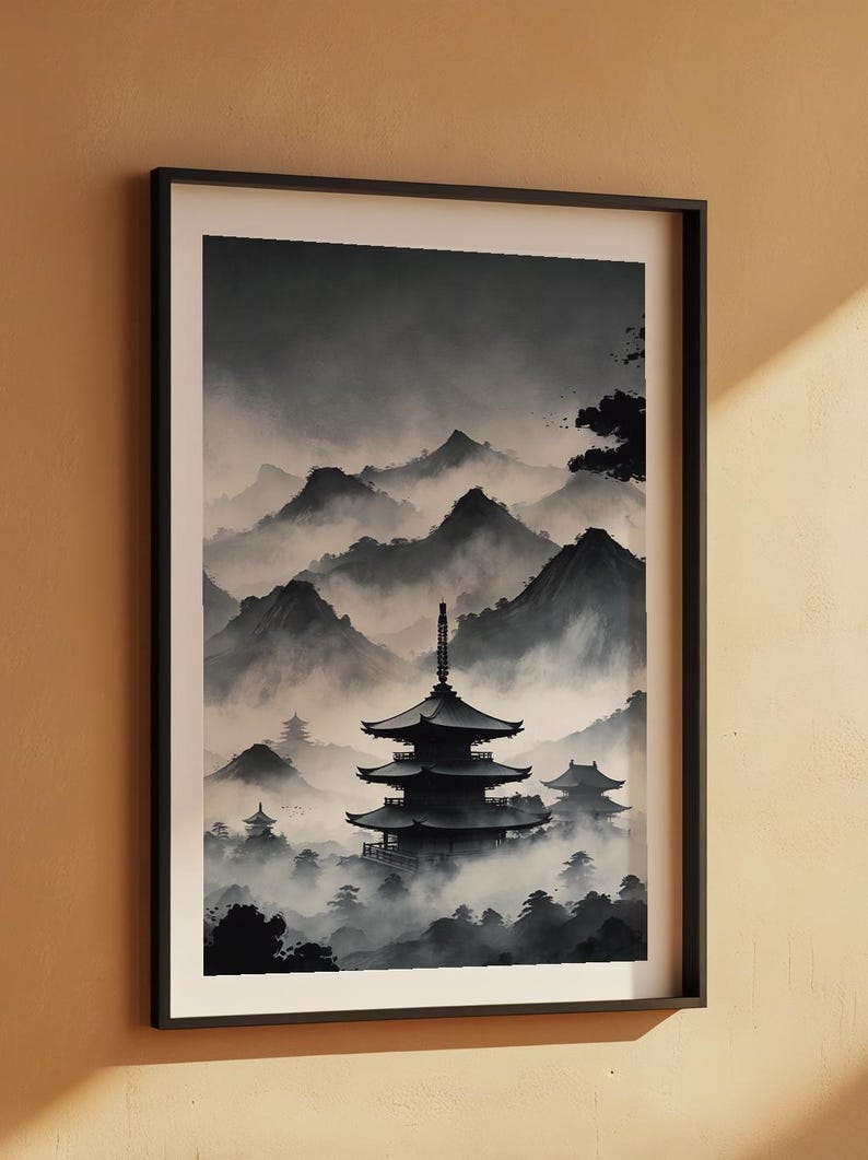 Misty Pagoda Temple | Japanese Ink Landscape | Zen Meditation Art image 7