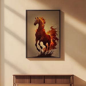 Arte de caballo de fuego / Póster de semental llameante / Decoración de pared de fantasía moderna imagen 2