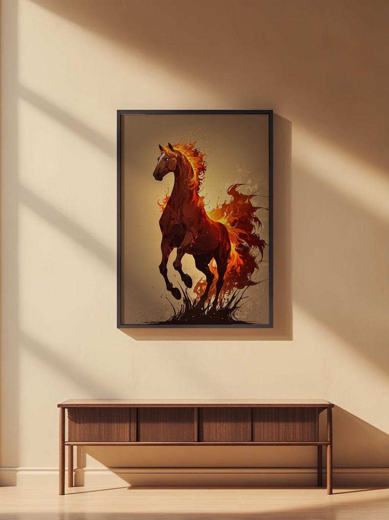 Arte de caballo de fuego / Póster de semental llameante / Decoración de pared de fantasía moderna imagen 2