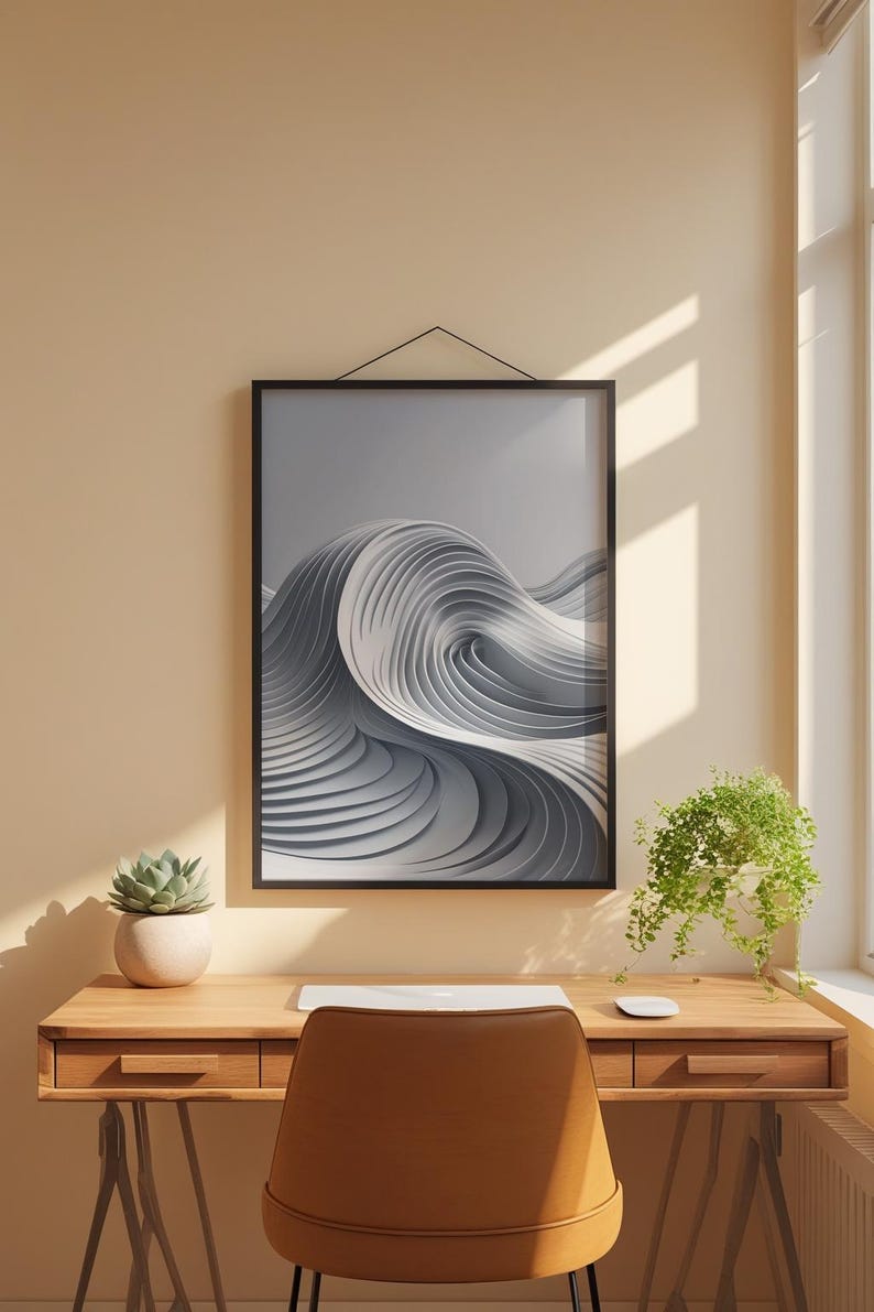 Abstract Wave Art | Modern Gray Flowing Lines Poster | Minimalist Print afbeelding 1