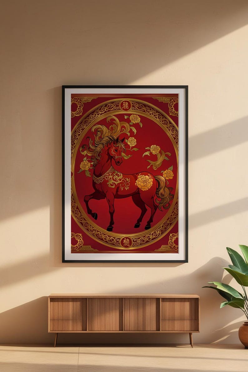 Chinese horse art | Red gold zodiac poster | Asian wall decor Bild 6