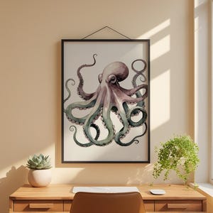 Póster de pulpo en acuarela, arte marino suave y criatura marina caprichosa imagen 1