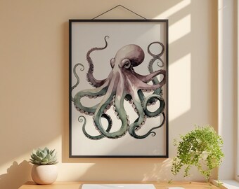 Póster de pulpo en acuarela, arte marino suave y criatura marina caprichosa