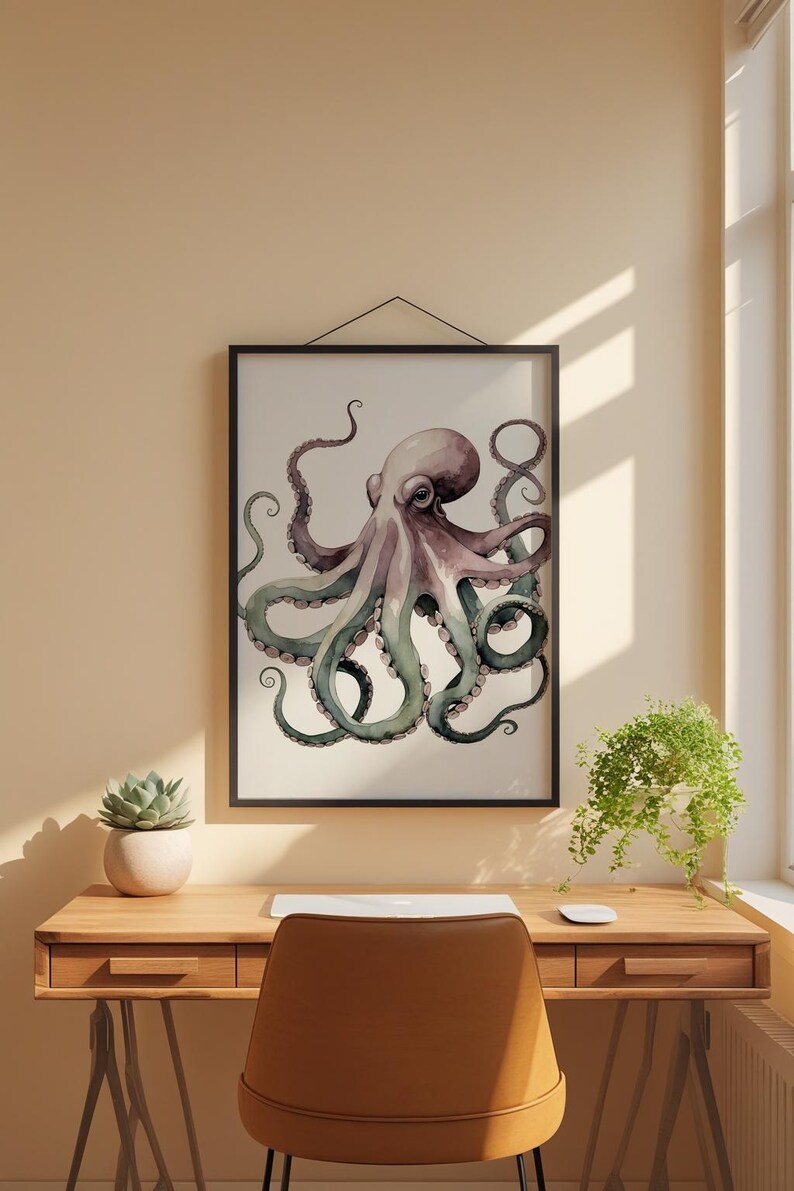 Póster de pulpo en acuarela, arte marino suave y criatura marina caprichosa imagen 1