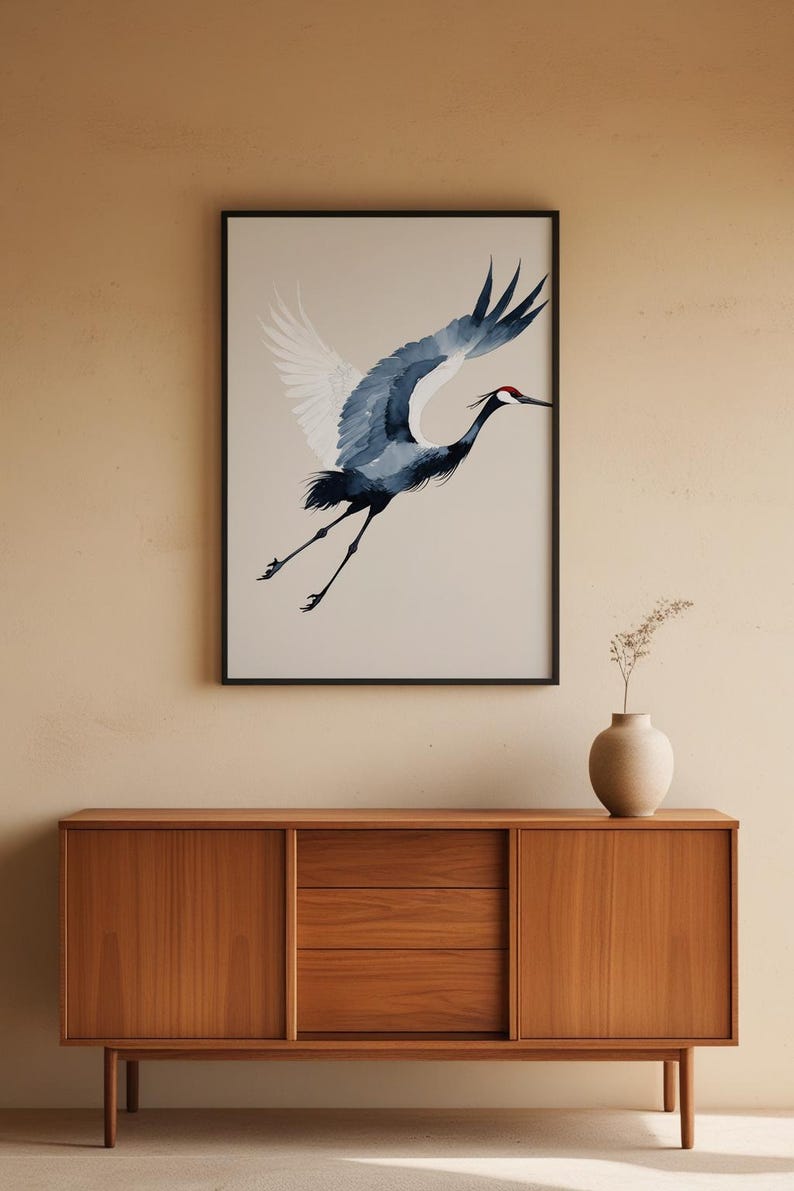 Ink Crane Flight | Japanese Minimalist Bird Art | Zen Wall Decor Bild 5