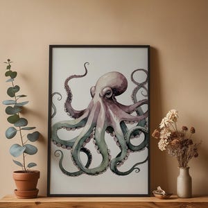 Póster de pulpo en acuarela, arte marino suave y criatura marina caprichosa imagen 4