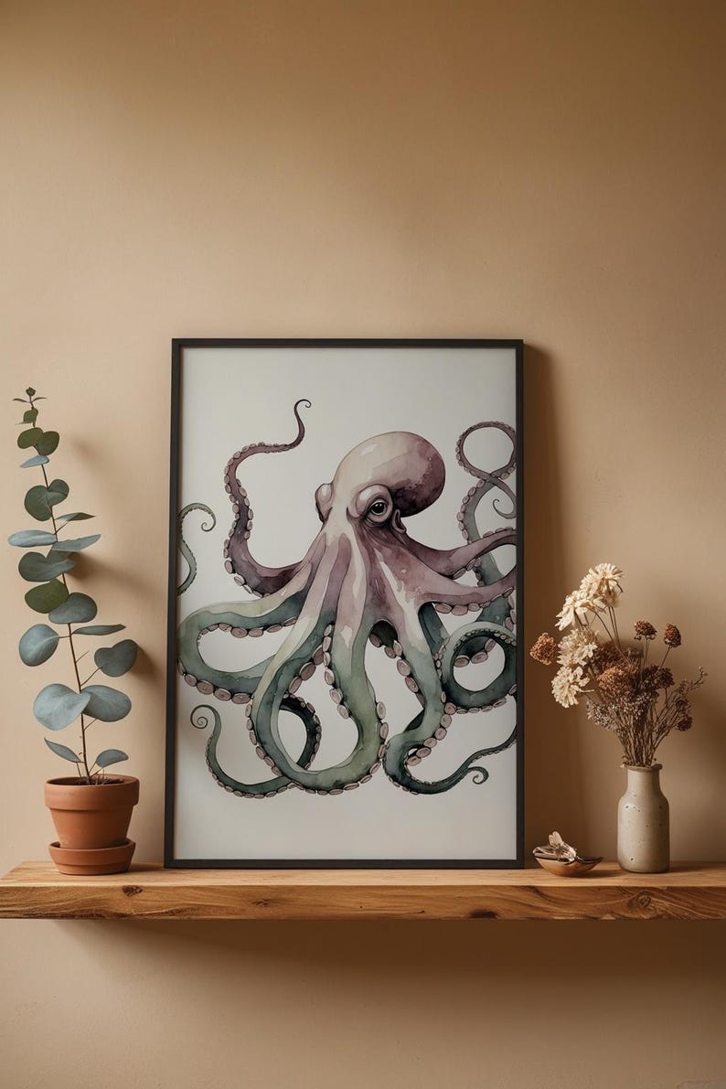 Póster de pulpo en acuarela, arte marino suave y criatura marina caprichosa imagen 4