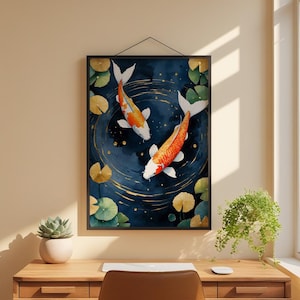 Koi Fish Zen Art | Japanese Garden Poster | Indigo Gold Wall Decor image 1