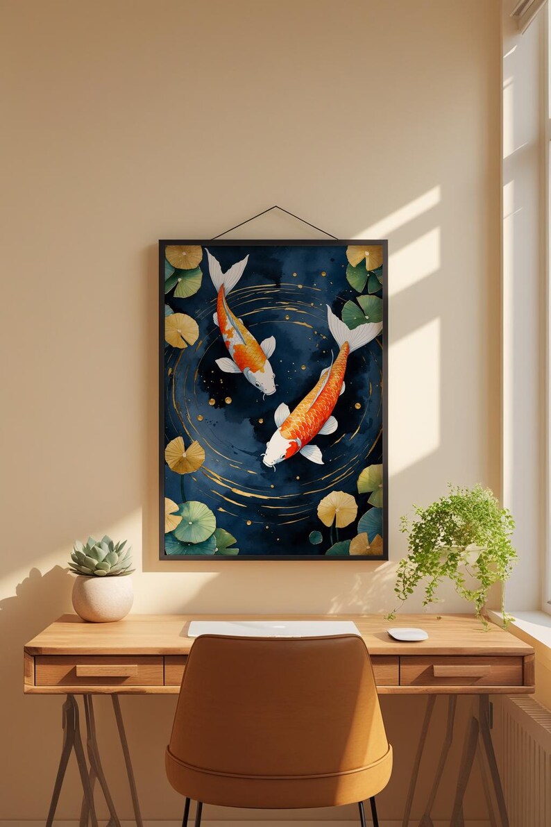 Koi Fish Zen Art | Japanese Garden Poster | Indigo Gold Wall Decor image 1