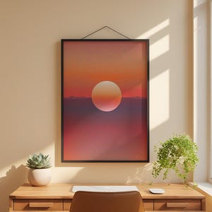 Sunset landscape art | Minimalist sun poster | Modern wall decor imagem 1