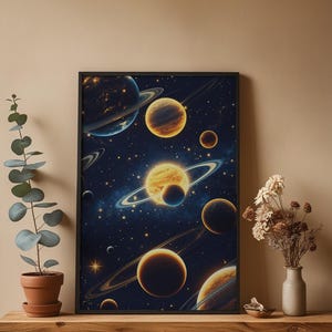 Solar system poster close-up detail showing vibrant golden planet rings and fade-resistant archival ink quality on matte paper