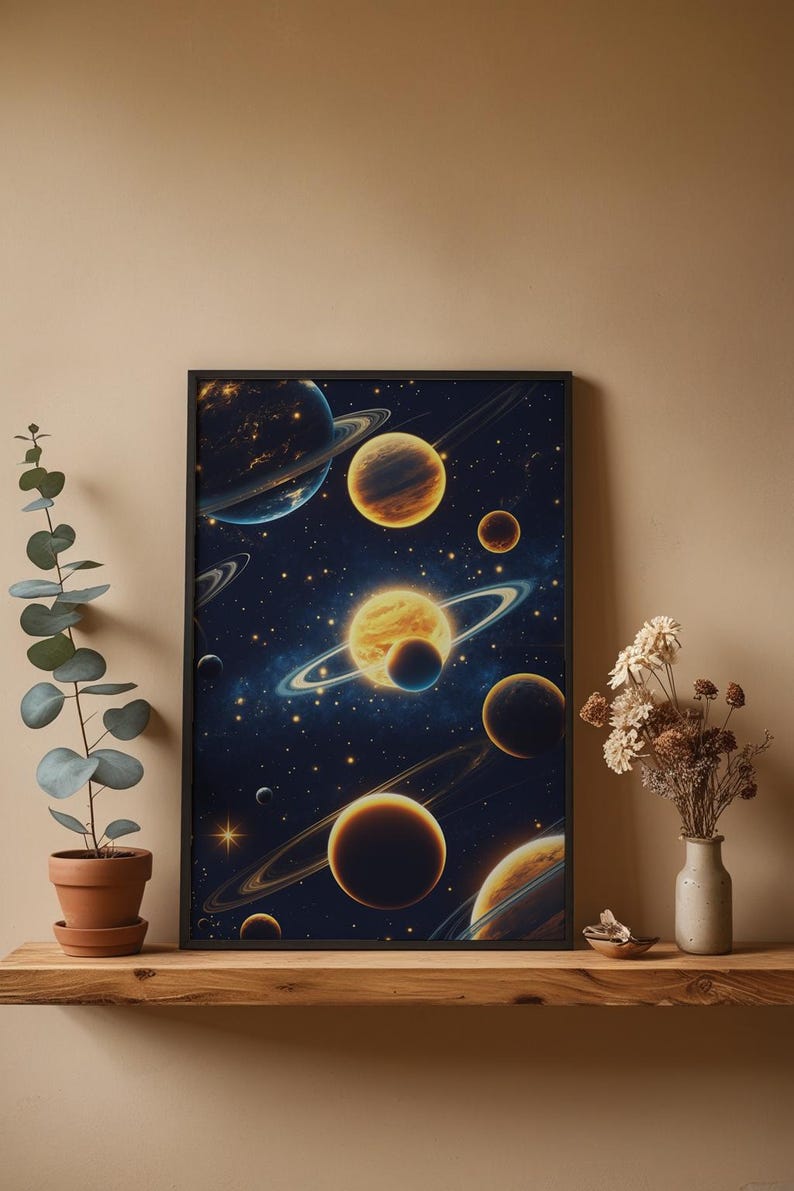 Solar system poster close-up detail showing vibrant golden planet rings and fade-resistant archival ink quality on matte paper