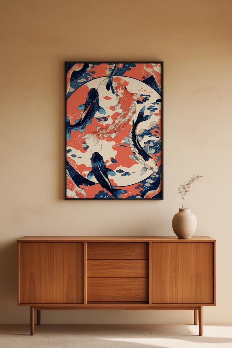 Koi Fish Circle | Japanese Water Art | Zen Ikat Pattern Poster image 5