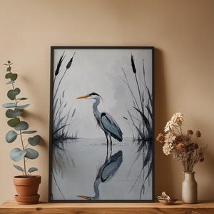 Minimalist Heron | Reflected Water Bird | Zen Nature Art Bild 4