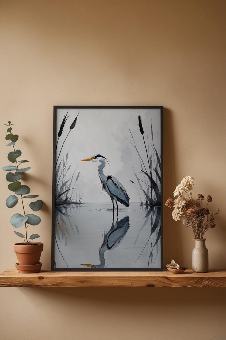 Minimalist Heron | Reflected Water Bird | Zen Nature Art Bild 4