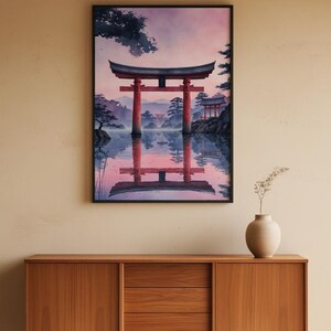 Torii gate minimalist wall art in a contemporary home interior above wooden furniture, displaying serene mountain landscape with traditional japanese gateway in calming pink and purple tones