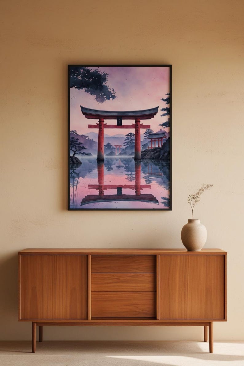 Torii gate minimalist wall art in a contemporary home interior above wooden furniture, displaying serene mountain landscape with traditional japanese gateway in calming pink and purple tones