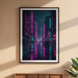 Cyberpunk Neon City | Rainy Street Poster afbeelding 6
