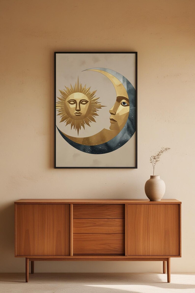 Celestial Wall Art | Modern Minimalist Poster | Abstract Sun Moon Gold Silver imagem 5