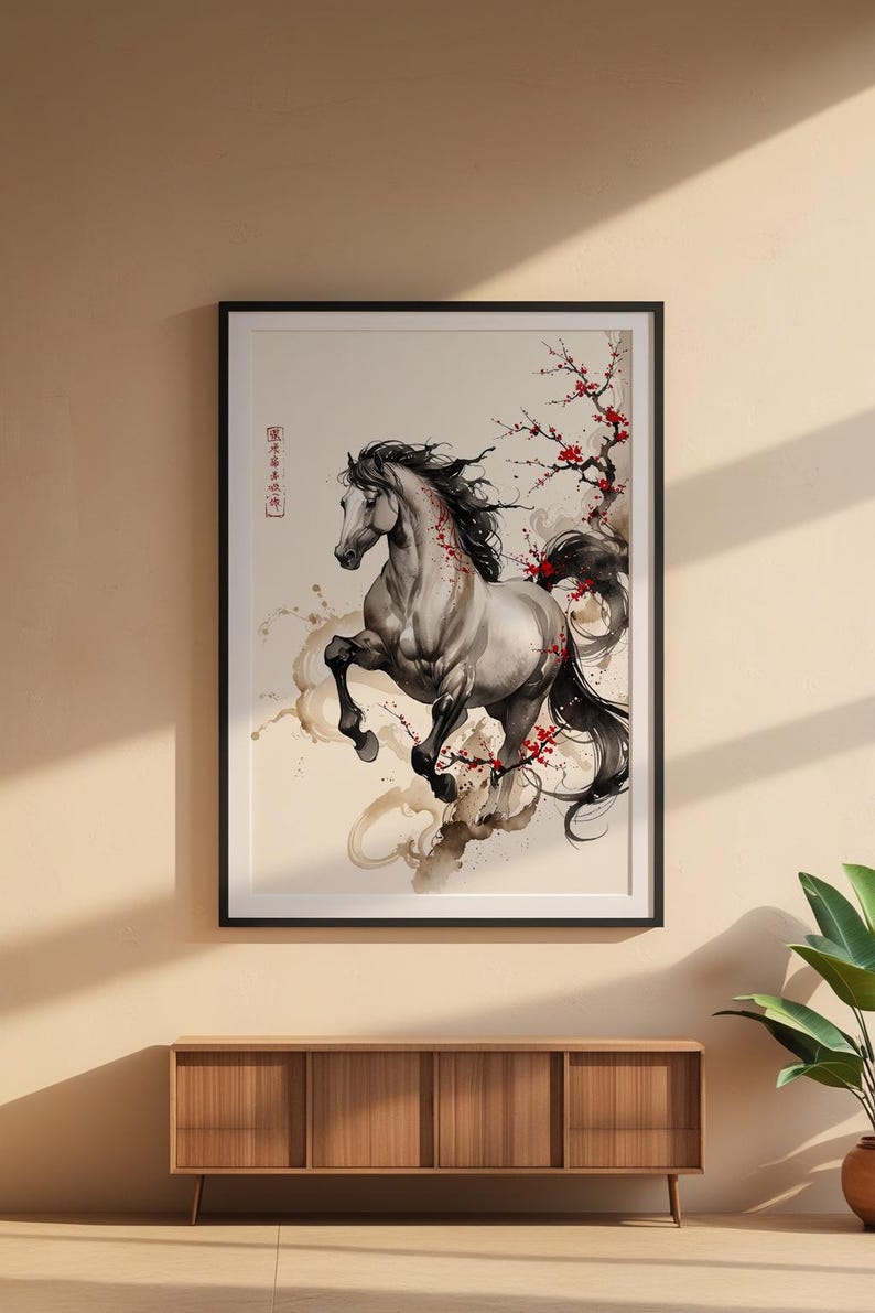 Horse Cherry Blossom | Asian Ink Art Print | Japanese Watercolor Poster 画像 6