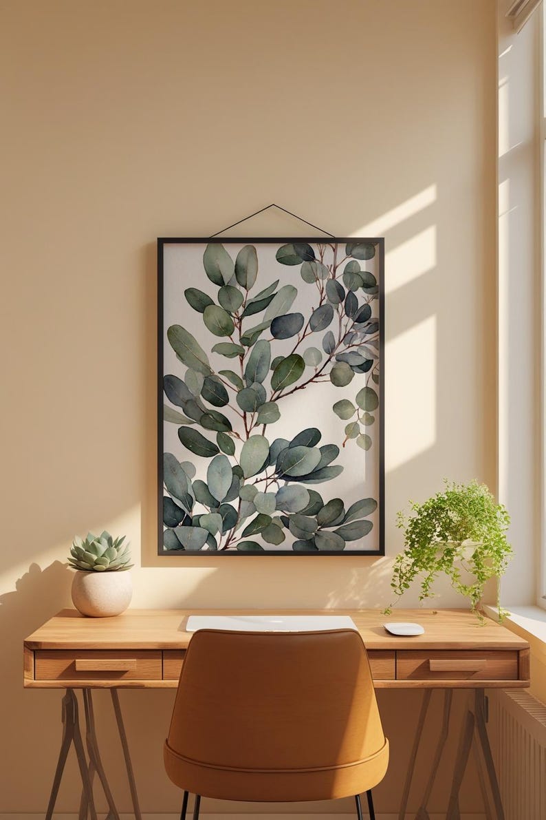 Arte mural de eucalipto / Impresión botánica de hojas verdes / Decoración del hogar con tonos salvia imagen 1