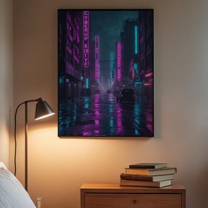 Cyberpunk Neon City | Rainy Street Poster afbeelding 3