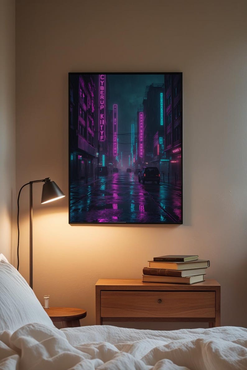 Cyberpunk Neon City | Rainy Street Poster afbeelding 3