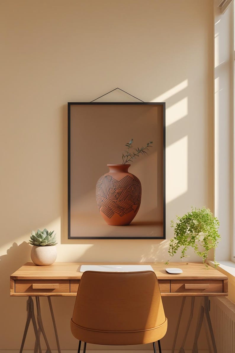 Geometric Pottery Vase | Modern Boho Line Art | Terracotta Decor Bild 1