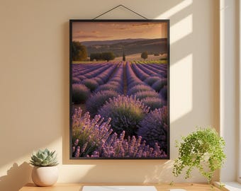 Atardecer en un campo de lavanda / Paisaje de la hora dorada / Arte mural provenzal