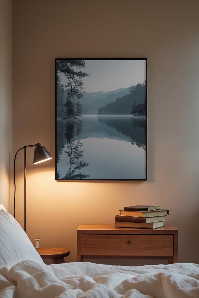 Misty Mountain Lake | Fog Forest Water Landscape Poster | Zen Nature Wall Art image 3