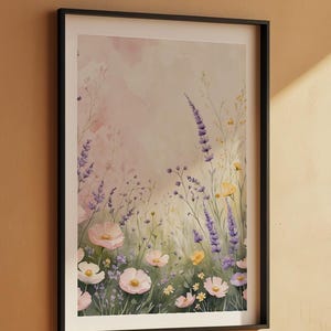 Prado de flores silvestres en tonos pastel / Póster botánico romántico / Arte de acuarela suave imagen 6