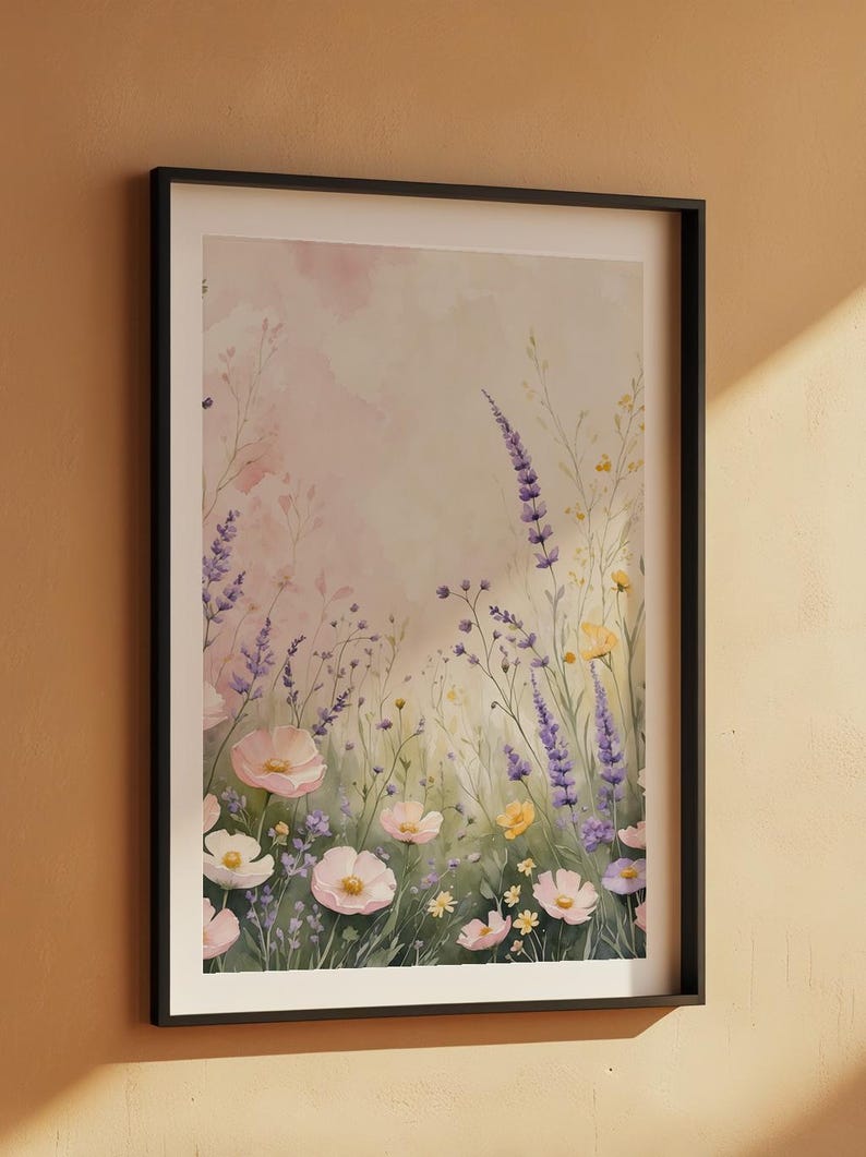 Prado de flores silvestres en tonos pastel / Póster botánico romántico / Arte de acuarela suave imagen 6