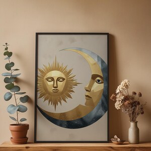 Celestial Wall Art | Modern Minimalist Poster | Abstract Sun Moon Gold Silver imagem 4