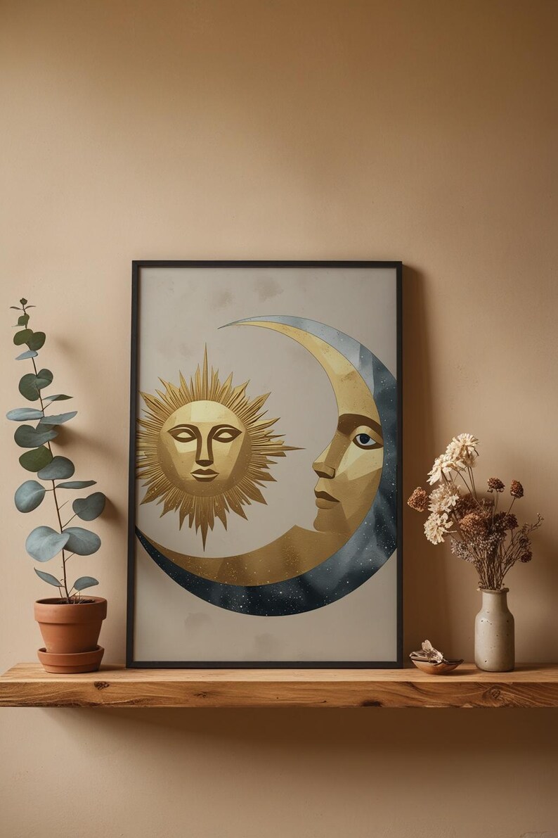 Celestial Wall Art | Modern Minimalist Poster | Abstract Sun Moon Gold Silver imagem 4