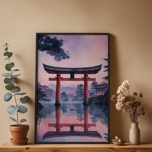 Torii gate poster detail close-up showcasing museum-quality print, archival ink colors, and soft watercolor technique rendering pink twilight, indigo silhouettes, and reflective water surface