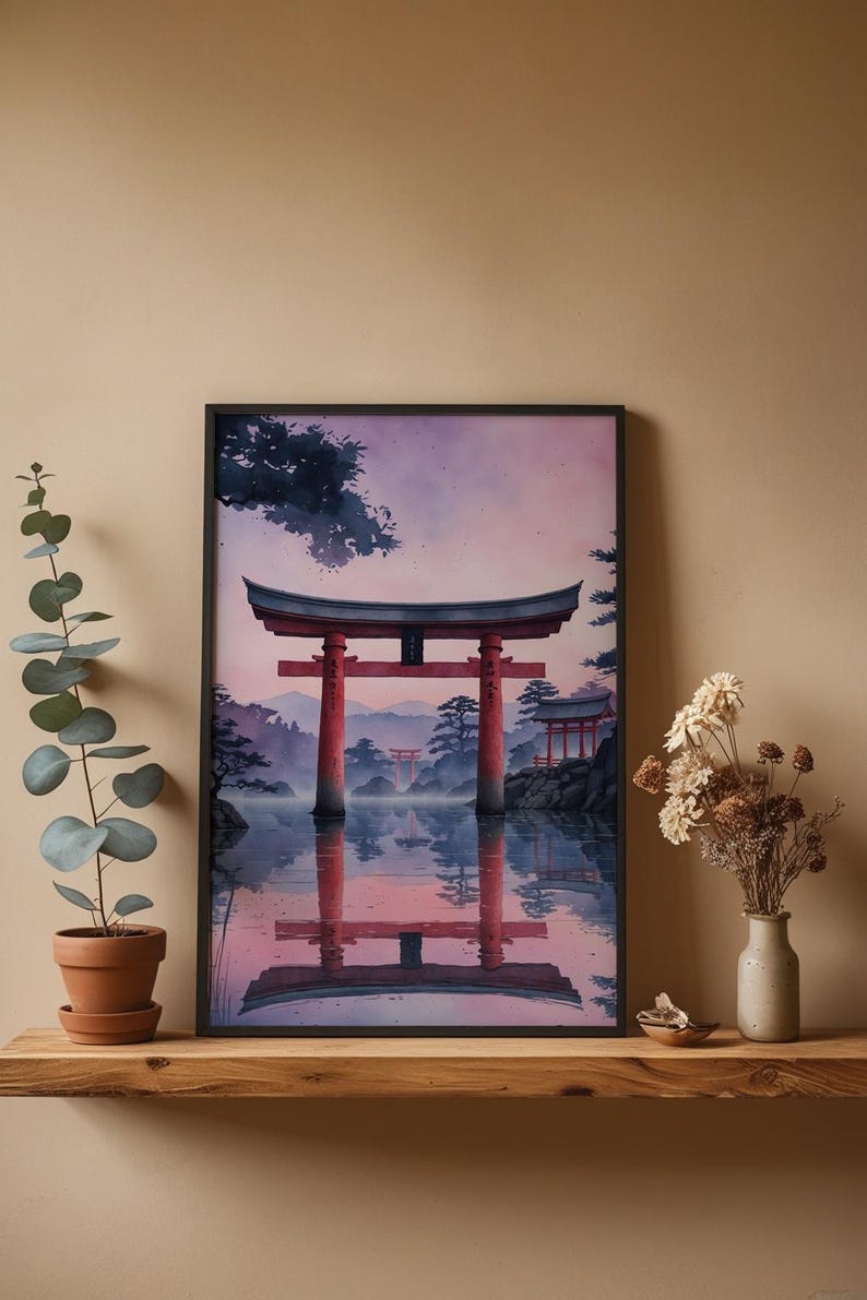 Torii gate poster detail close-up showcasing museum-quality print, archival ink colors, and soft watercolor technique rendering pink twilight, indigo silhouettes, and reflective water surface
