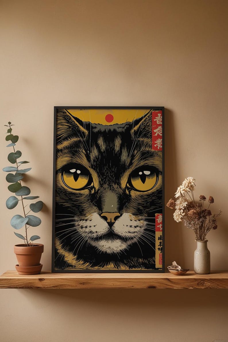Japanese Cat Poster | Gold Eyes Woodblock Art image 9