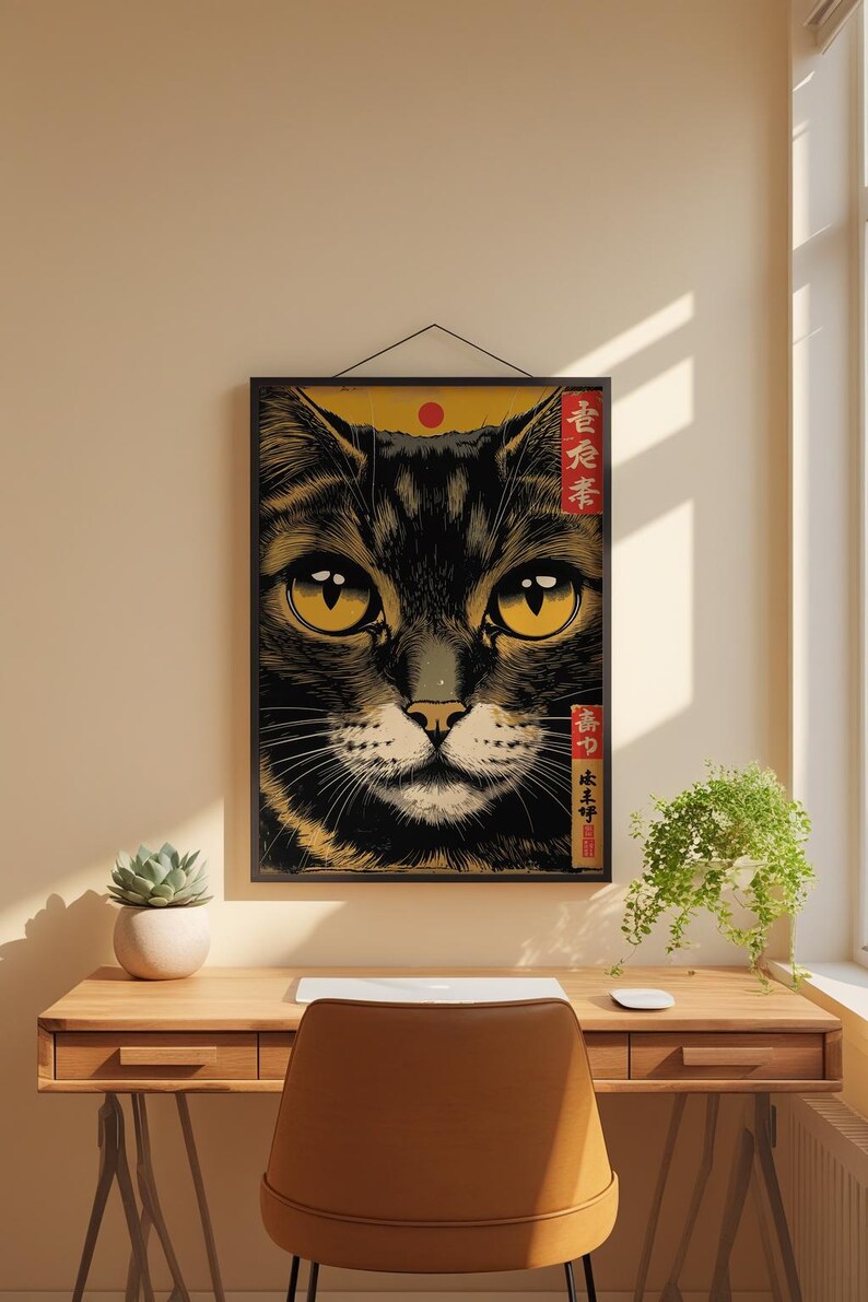 Japanese Cat Poster | Gold Eyes Woodblock Art image 5