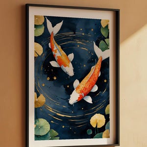 Koi Fish Zen Art | Japanese Garden Poster | Indigo Gold Wall Decor image 7