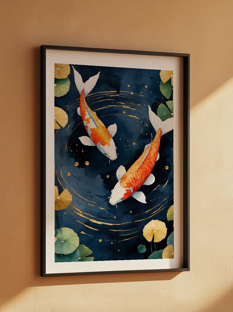 Koi Fish Zen Art | Japanese Garden Poster | Indigo Gold Wall Decor image 7